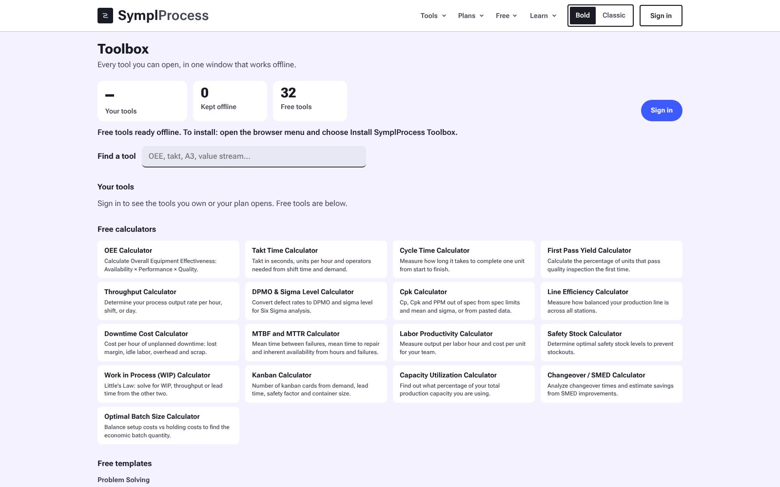 The SymplProcess Toolbox listing your tools and every free calculator