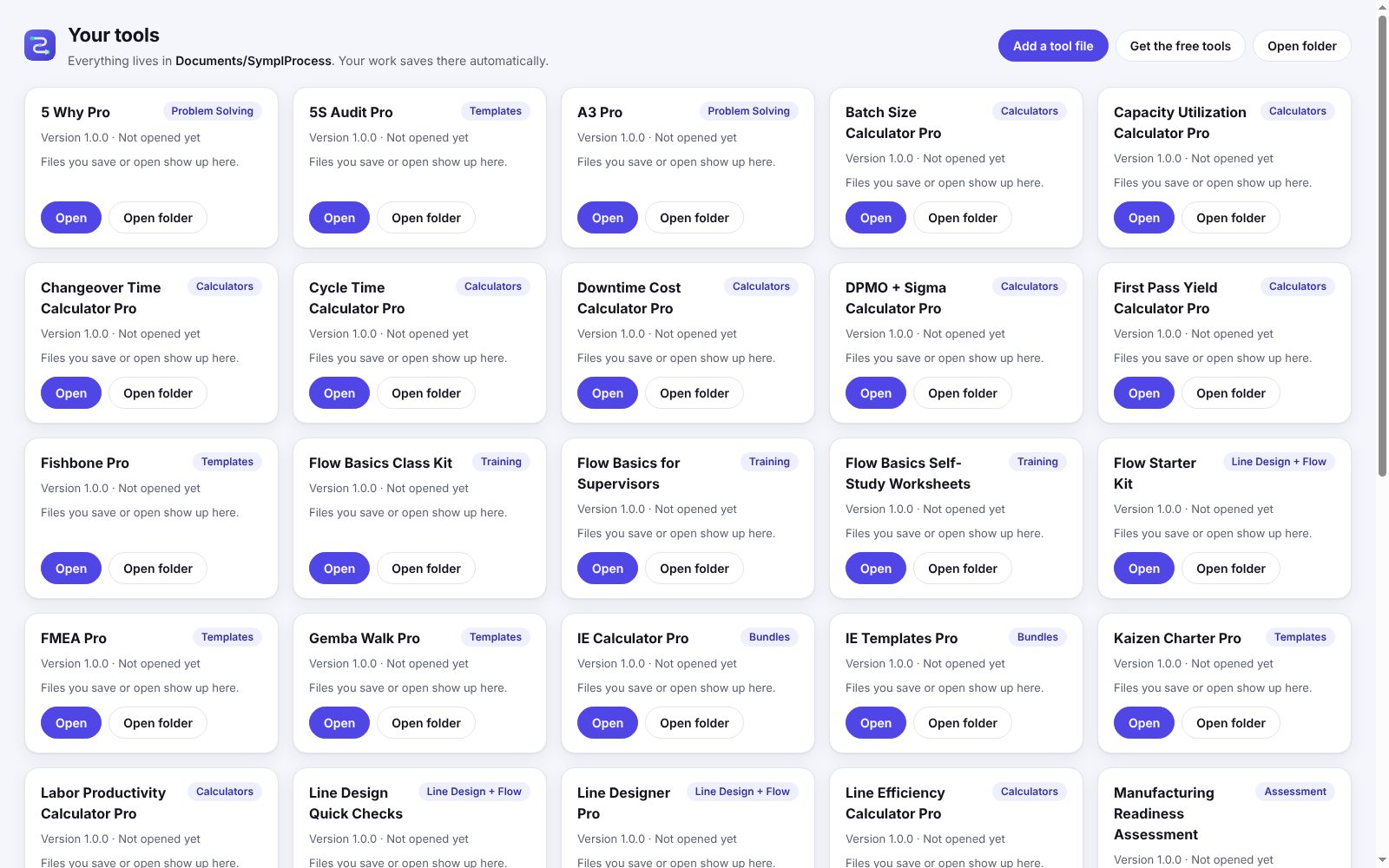 SymplProcess Desktop library window listing every tool